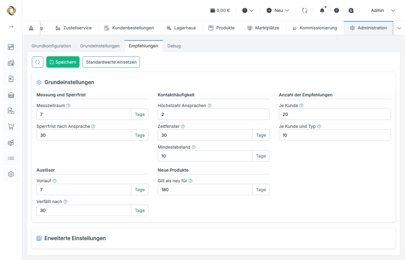 Einstellungsseite „Empfehlungen“ mit dem geöffneten Block Grundeinstellungen und dem eingeklappten Block Erweiterte Einstellungen.