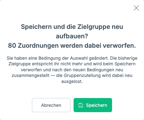 Rückfrage „Speichern und die Zielgruppe neu aufbauen? 80 Zuordnungen werden dabei verworfen.“ mit den Schaltflächen Abbrechen und Speichern.